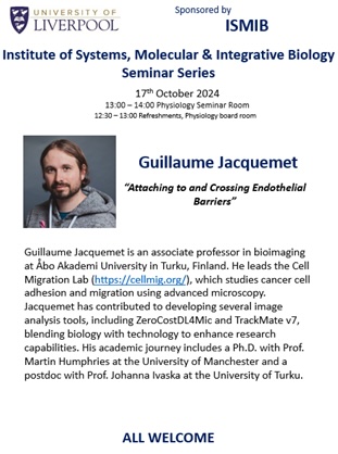 Molecular & Clinical Cancer Medicine (MCCM) (@livunicancer) on Twitter photo As part of the <a href="/LivUniISMIB/">Inst of Systems, Molecular & Integrative Biology</a> seminar series, this week welcomes @guijacquemet Thursday 17th 1-2pm
“Attaching to and Crossing Endothelial Barriers”
All welcome! As part of the <a href="/LivUniISMIB/">Inst of Systems, Molecular & Integrative Biology</a> seminar series, this week welcomes @guijacquemet Thursday 17th 1-2pm
“Attaching to and Crossing Endothelial Barriers”
All welcome!