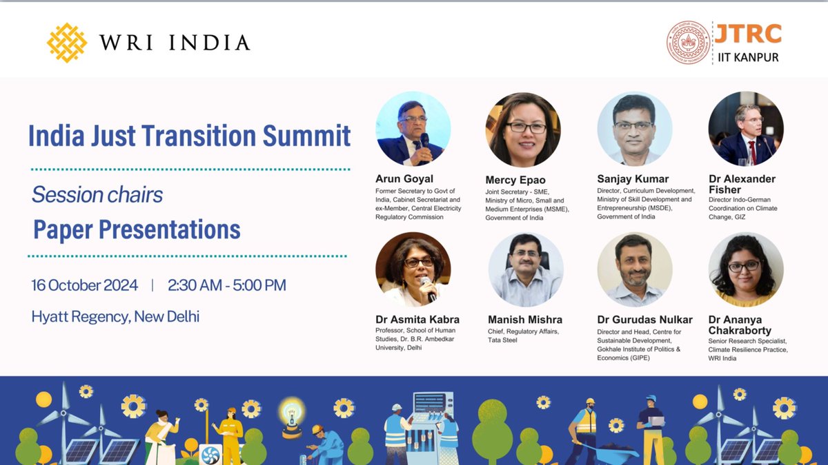 Jtrc_iitkanpur's tweet photo. 🌍 The India Just Transition Summit, hosted by @WRIIndia &amp; JTRC, brings together community reps, MSMEs, experts &amp; policymakers to explore India’s #JustTransition journey.

📅 Oct 16-17, 2024
📍 Hyatt Regency Delhi
🔗 https://t.co/RiLd4EXN2i

Meet our esteemed panelists!

#IJTS https://t.co/aW2fjAi43l