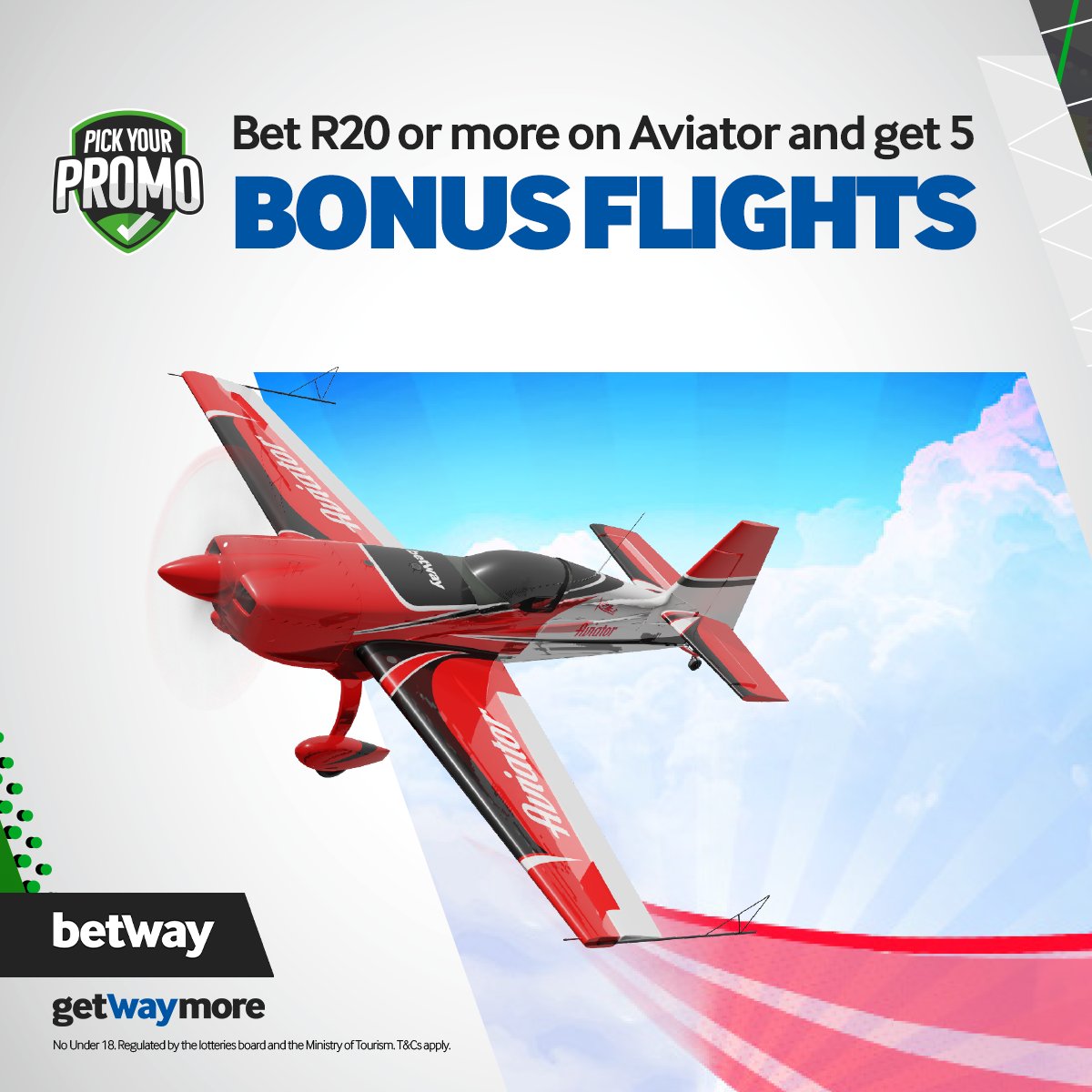 Betway_za's tweet photo. 🛩️ Get 5⃣ bonus flights on Aviator!

Pick this promo here👉  https://t.co/Na40CYnywM 

🧾Ts and Cs apply

#PickYourPromo https://t.co/wQqobFZnNZ