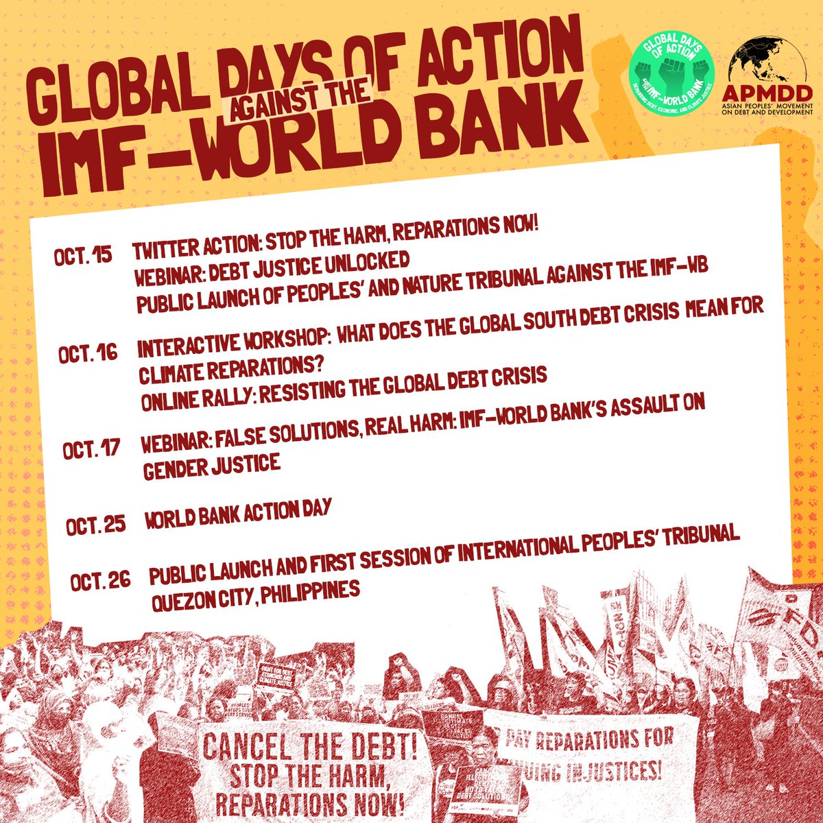 The Global Days of Action against the IMF-World Bank starts tomorrow! 💥

Join us and stand with us for #DebtJustice!
📌Watch out for these events!  

#StopTheHarm
#ReparationsNow
#CancelTheDebt
#GDoA2024