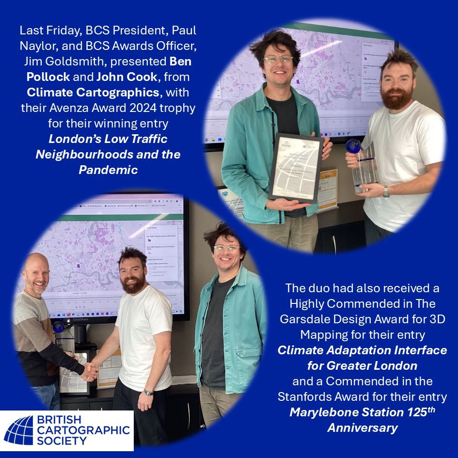 bcsmaps's tweet photo. 🏆 Avenza Award Winners 🏆
Our President &amp; Awards Officer had a great time meeting Ben Pollock &amp; John Cook from @Climate_CartoX to present them with their Avenza Award trophy.
All of the fantastic entries are now available to view on our website: https://t.co/jN7WHtpfid https://t.co/V8igqAnNdc