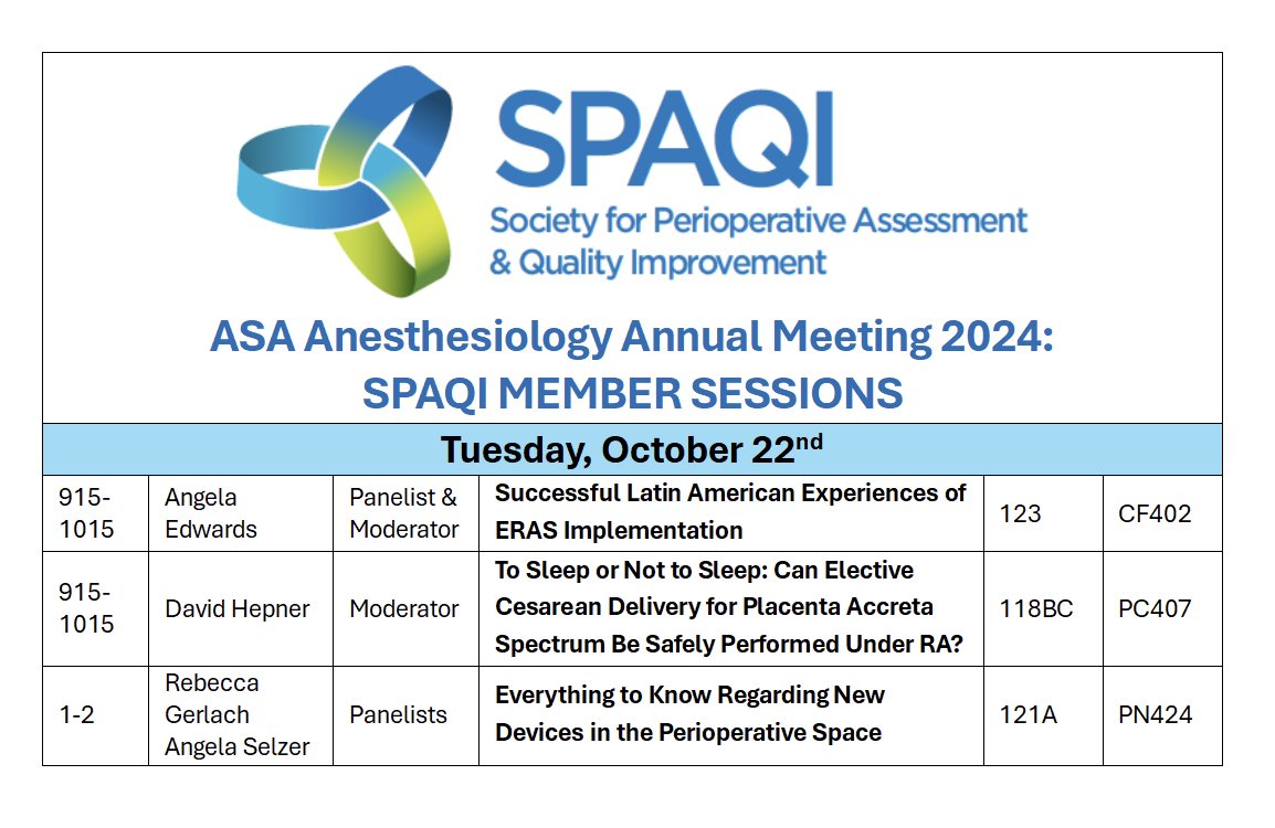 SPAQI (@spaqiedu) on Twitter photo Are you attending the <a href="/ASALifeline/">ASA®</a> Annual Meeting this weekend?
SPAQI’s very own <a href="/afedwardMD/">Angela Edwards MD FASA DFPM 🇺🇸</a> is the Chair of the Perioperative Education Track Subcommittee and has organized an amazing lineup of speakers.
Below is a list of SPAQI members who will be speaking at the ASA this year! Are you attending the <a href="/ASALifeline/">ASA®</a> Annual Meeting this weekend?
SPAQI’s very own <a href="/afedwardMD/">Angela Edwards MD FASA DFPM 🇺🇸</a> is the Chair of the Perioperative Education Track Subcommittee and has organized an amazing lineup of speakers.
Below is a list of SPAQI members who will be speaking at the ASA this year!