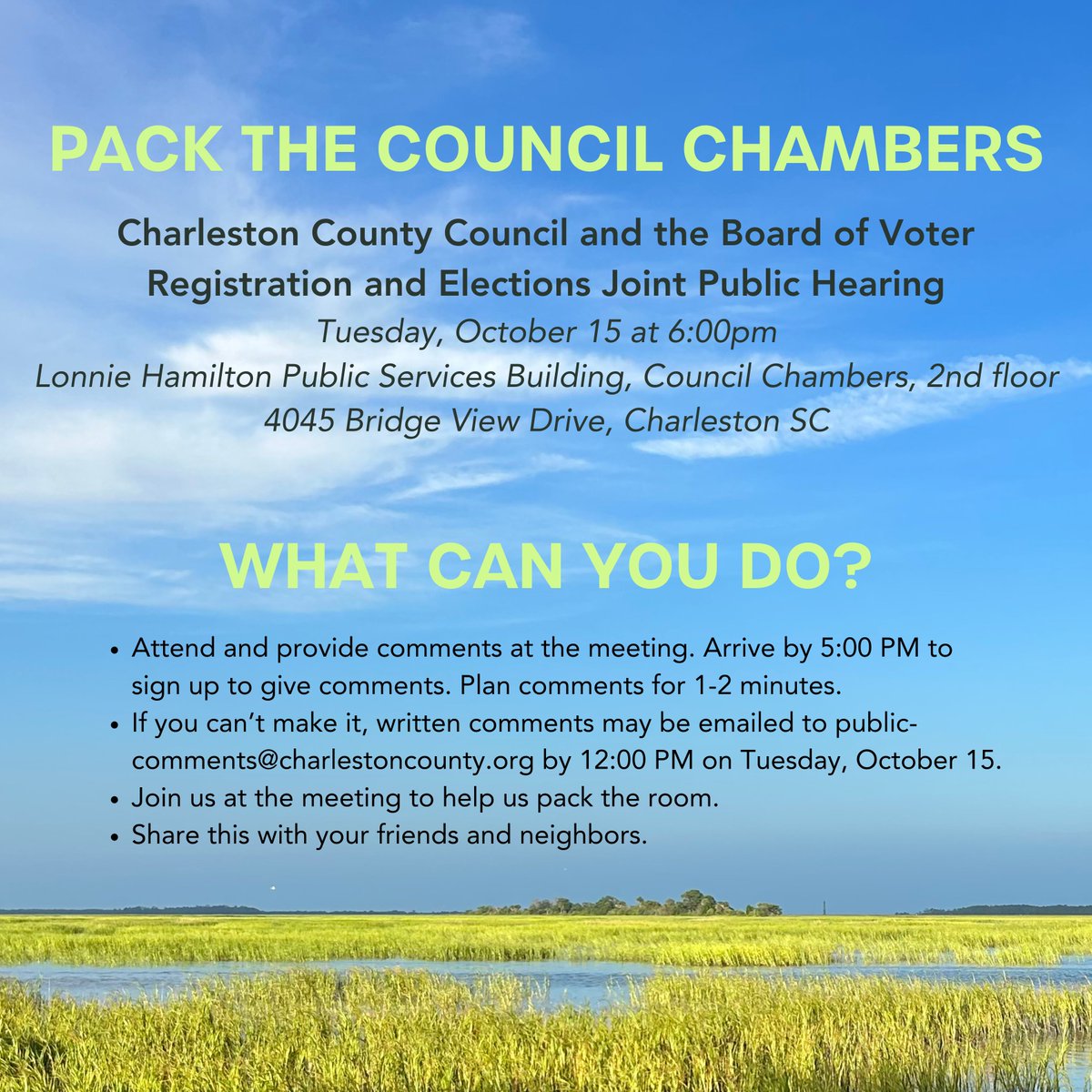Tomorrow! Pack the Charleston County Council chambers to save our sea islands! There is one last opportunity to share your concerns about the Charleston County sales tax referendum before voting begins!

Talking points here: coastalconservationleague.org/blog/pack-the-…