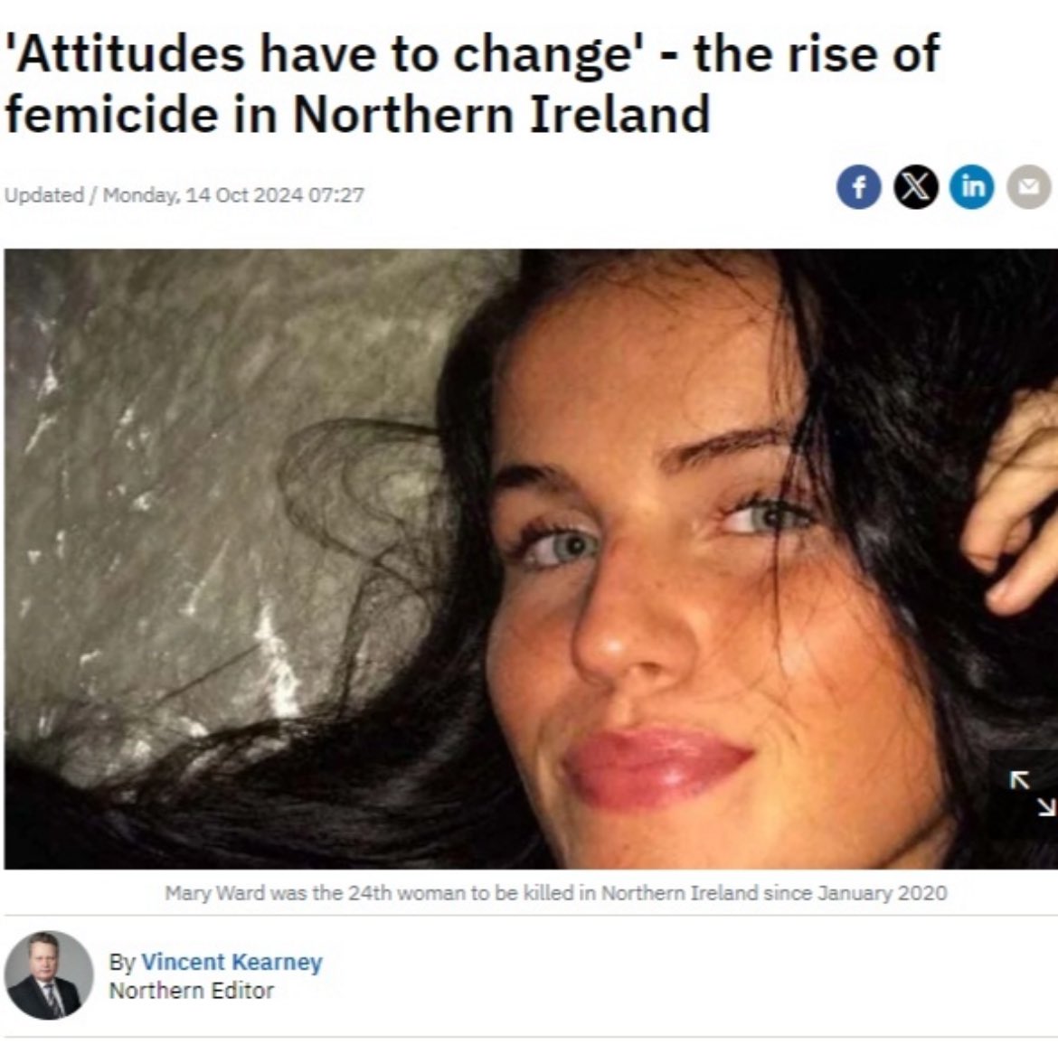 Northern Ireland per head of population is one of the most dangerous places in Europe to be a woman.

Four women have been murdered by men in six weeks.

Mary Ward is the latest victim. The 24th woman to be killed in Northern Ireland since January 2020.

Her body was found in her