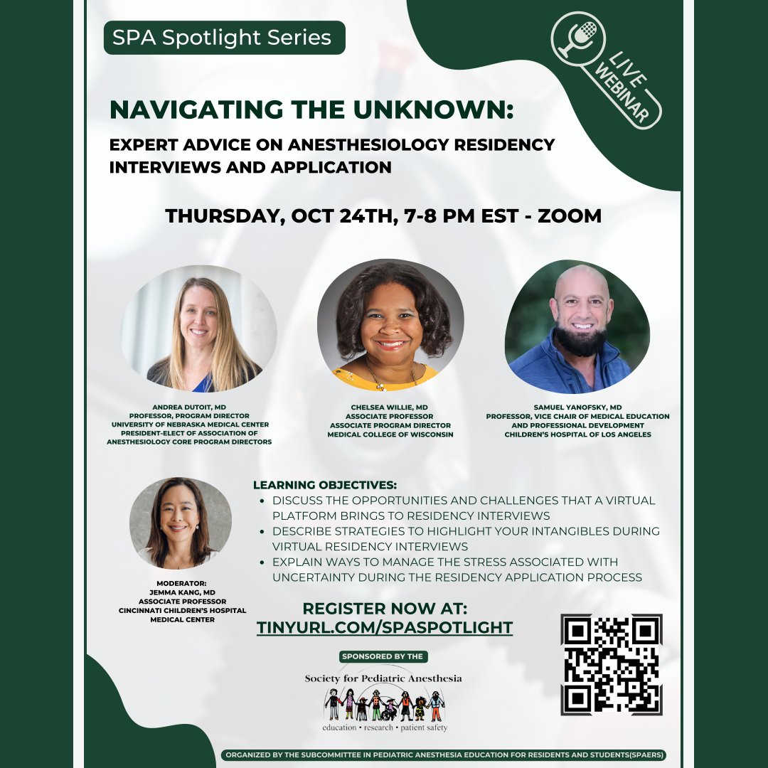 Are you a Medical Student applying to Anesthesiology and wondering how to stand out in a competitive application cycle? Join our webinar 10/24 at 7PM EST for advice from the experts on how to be a successful applicant.
RSVP here: TINYURL.COM/SPASPOTLIGHT
#SPASPAERS #PediAnesthesia
