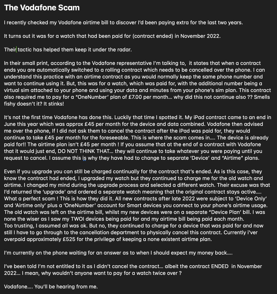 TH3POTT3R's tweet photo. The Vodafone Scam?

I recently checked my Vodafone airtime bill to discover I’d been paying extra for the last two years.

Their tactic has helped them keep it under the radar.

See below 
@VodafoneUK https://t.co/fC16CvdWzl