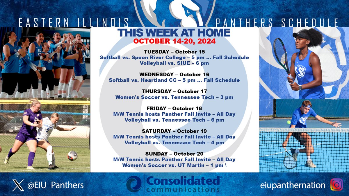 Busy week for <a href="/EIU_Panthers/">Eastern Illinois Athletics</a> Athletics at home this week

This week in EIU Athletics presented by <a href="/MyCCITweets/">Consolidated (CCI)</a> - Week of October 14-20, 2024

Home events for
<a href="/EIU_Volleyball/">EIU Volleyball</a> 
<a href="/EIU_Softball/">Eastern Illinois Softball</a> 
<a href="/EIUsoccer/">EIU Women’s Soccer</a> 
@eiutennis 
@eiuwtennis 

Week Schedule🗓️👀⬇️
eiupanthers.com/news/2024/10/1…