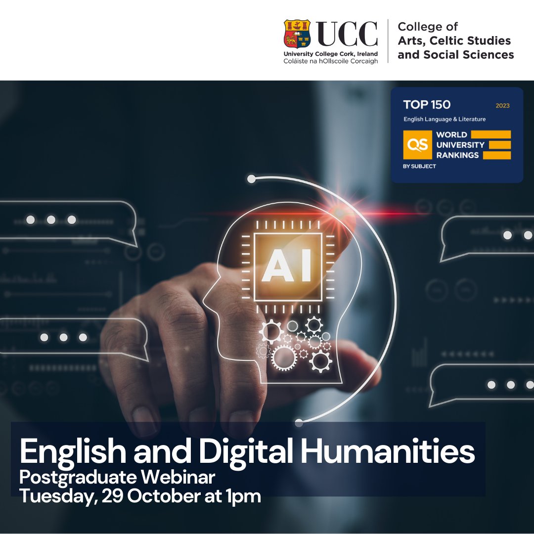 Are you passionate about language, literature, culture, or digital technologies?

Discover UCC's postgraduate programmes in English and Digital Humanities on 29 Oct: bit.ly/UCCPGW24