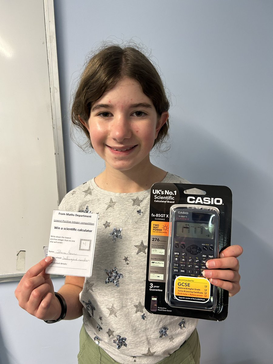 Congratulations Johanna! She won the Framingham Earl High School maths competition by guessing the lowest positive integer that no-one else will enter! 👏🏻