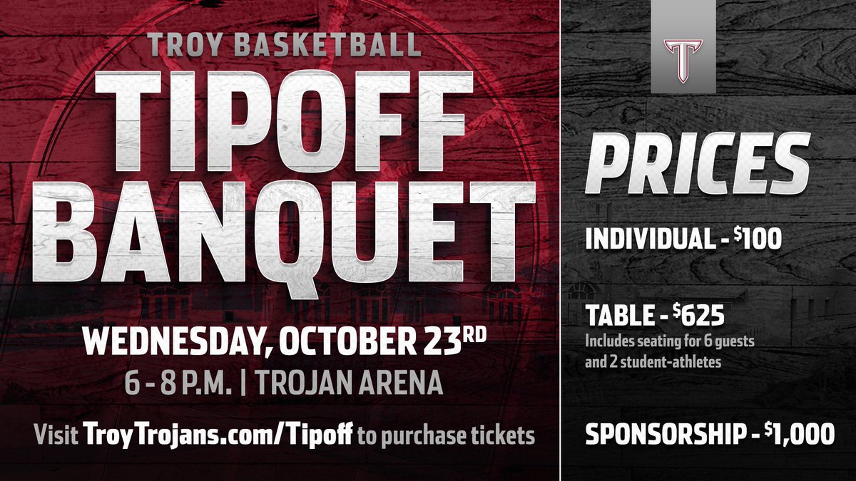 TroyAthletics's tweet photo. 🏀𝙏𝙍𝙊𝙔 𝘽𝘼𝙎𝙆𝙀𝙏𝘽𝘼𝙇𝙇 𝙏𝙄𝙋𝙊𝙁𝙁 𝘽𝘼𝙉𝙌𝙐𝙀𝙏🏀

Tipoff the new season at Trojan Arena next Wednesday! Join Coach Rigby, Coach Cross, and teams for a night to remember! Purchase your tickets at https://t.co/xEqWHiiXG7

#OneTROY⚔️🏀 https://t.co/fhqkiYzlli