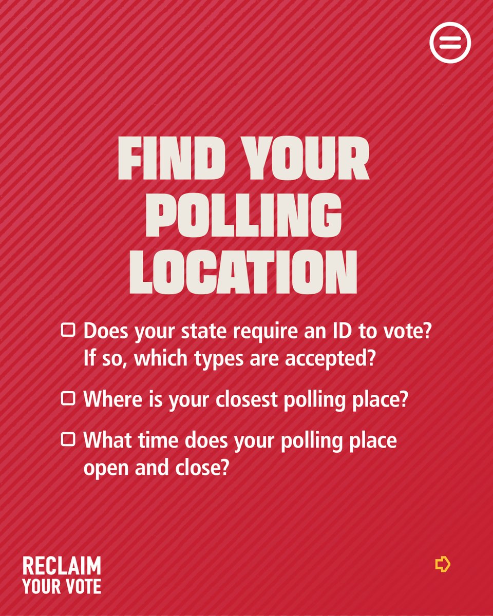Your vote, your voice. 🗳️ Don’t wait until the last minute! Find your polling place, check your registration, and make a plan to vote.

#ReclaimYourVote #Vote2024