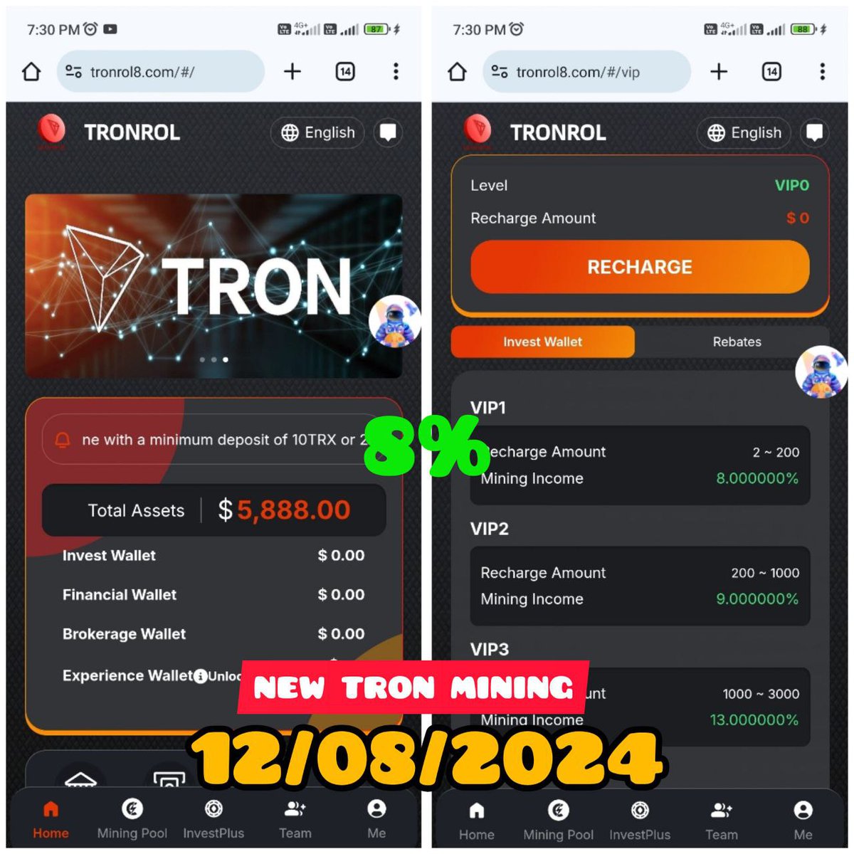 Tronmining01's tweet photo. NEW TRON MINING 
https://t.co/aEzzQqAfcC
LAUNCHED-12/10/2024
8%-41% Daily  Income 
Minimum Deposit:- 20 TRX/2$
Minimum Withdrawal:- 5 TRX.
Deposit Method-TRX/USDT(TRC20)

Deposit:- 100-TRX
Daily Withdrawal -8 TRX

Deposit:- 200-TRX
Daily  -16 TRX

Deposit:- 500-TRX
Daily  -40 TRX https://t.co/ShKZFw6kKW