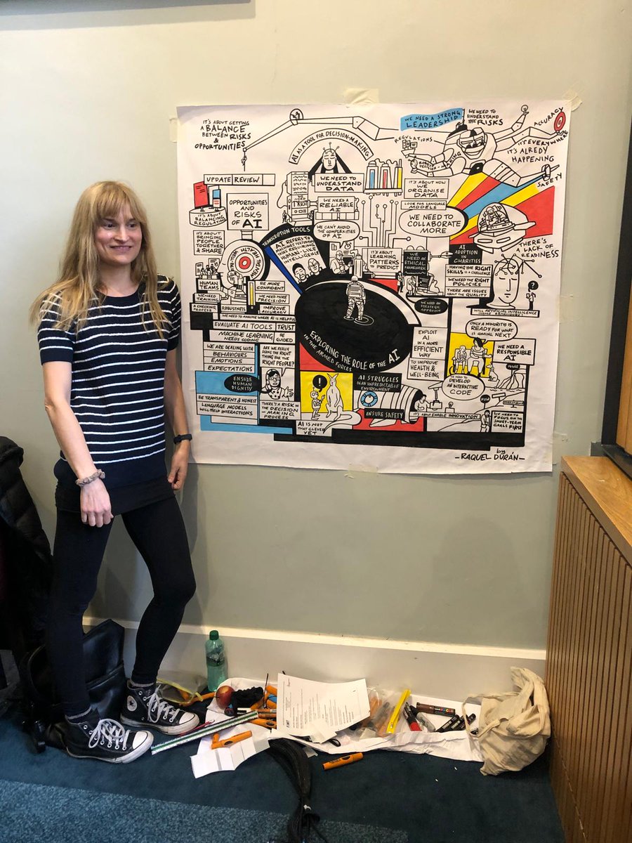 RaquelCronopia's tweet photo. What a morning drawing about the fascinating topic of AI and surrounded by lovely people at the @KingsCollegeLon @FiMTrust #AI #LiveScribing #Scriber #London #visualstorytelling #visualnarrative #creativestorytelling https://t.co/sor01S5Sff