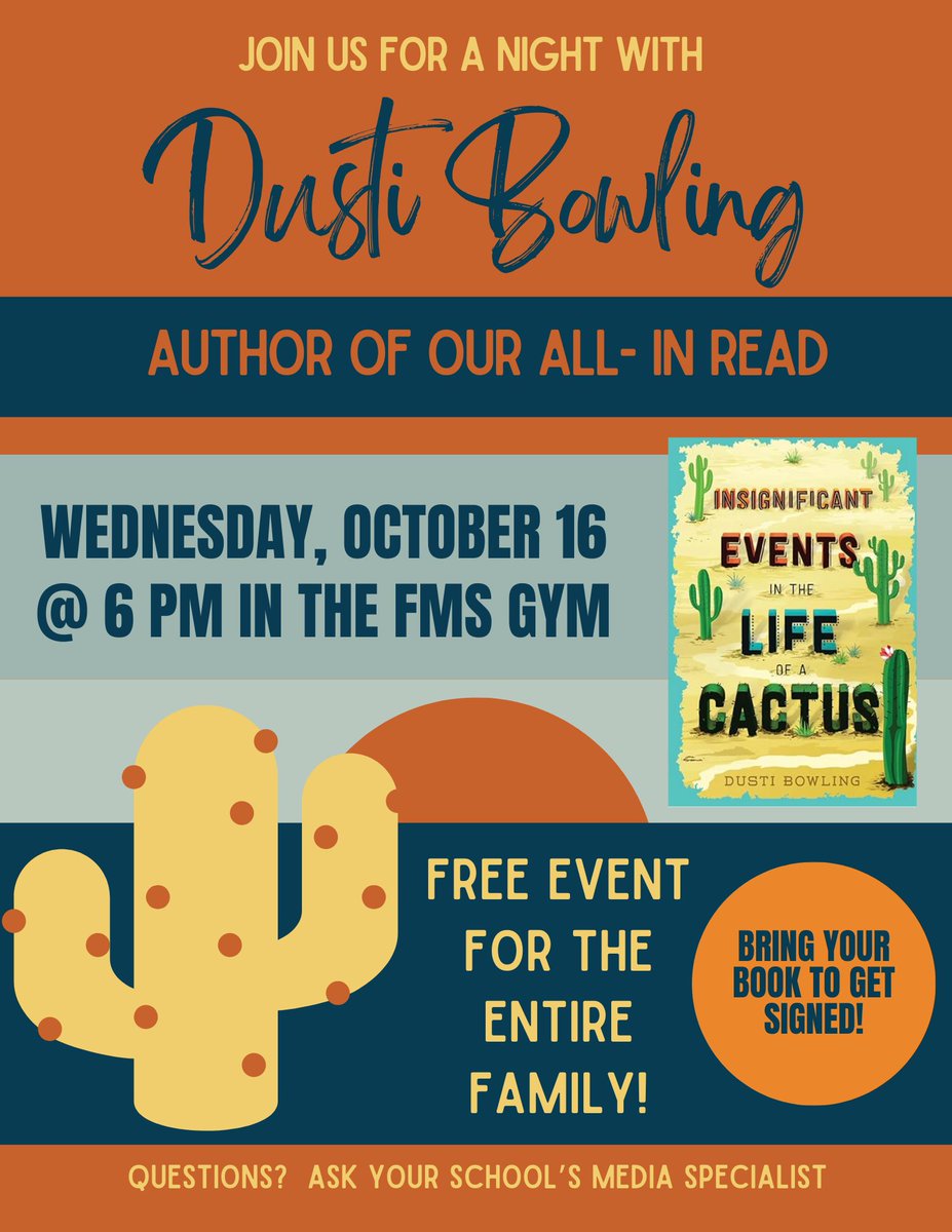 FSD FIS Media (@fssdfismedia) on Twitter photo We are so excited to host <a href="/DustiBowling/">Dusti Bowling 🌵</a>, author of Insignificant Events in the Life of a Cactus this Wednesday! Students will hear a presentation during the day, and then we will also have an evening event at <a href="/fssdFMS/">Freedom Middle</a> at 6PM! We hope to see you there! #FSDreads #READ20 #literacy We are so excited to host <a href="/DustiBowling/">Dusti Bowling 🌵</a>, author of Insignificant Events in the Life of a Cactus this Wednesday! Students will hear a presentation during the day, and then we will also have an evening event at <a href="/fssdFMS/">Freedom Middle</a> at 6PM! We hope to see you there! #FSDreads #READ20 #literacy