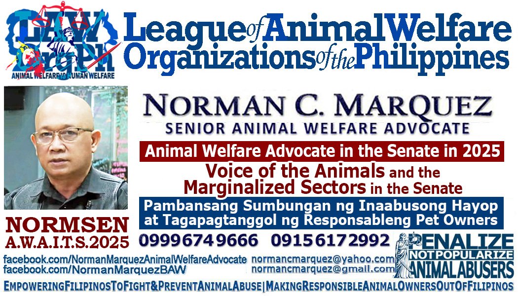 NormSen AWAITS 2025
A-nimal W-elfare A-dvocate I-n T-he S-enate in 2025

Voice of the Animals and the Marginalized Sector in the Senate 
Pambansang Sumbungan ng Inaabusong Hayop
Tagapagtanggol ng Responsableng Pet Owners 
Making Responsible Animal Owners Out of Filipinos