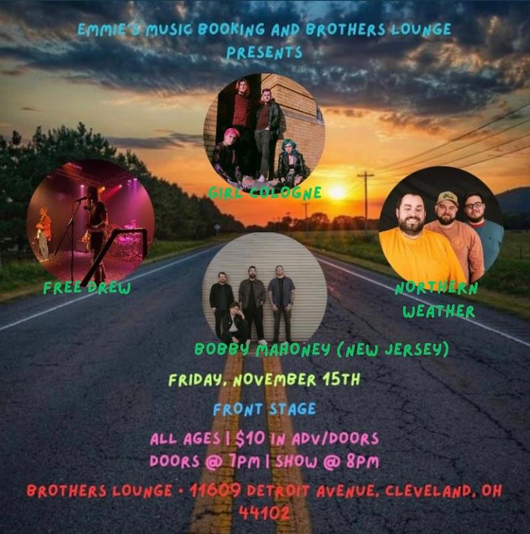 Northern Weather (@nrthrnwthr) on Twitter photo Two more shows left this year!
10/26- The Swarmyard in Bowling Green with <a href="/ACureforLoveOH/">“Sunbleached” is your new favorite song by acfl</a>
<a href="/manorgatesmusic/">Manor Gates 🤠 TYPE 3 FUN OUT NOW</a>
<a href="/ISwallowGhosts/">I Swallow Ghosts (NEW SINGLE OUT NOW)</a> <a href="/MyHeartYourGlov/">MyHeartYourGlove</a>
and so many more
11/15- Brothers Lounge with <a href="/girlcologneband/">girl cologne</a> <a href="/FreeDrewBand/">Free Drew</a> and <a href="/BobbyMahoney/">ANOTHER DEADBEAT SUMMER OUT NOW!</a> Two more shows left this year!
10/26- The Swarmyard in Bowling Green with <a href="/ACureforLoveOH/">“Sunbleached” is your new favorite song by acfl</a>
<a href="/manorgatesmusic/">Manor Gates 🤠 TYPE 3 FUN OUT NOW</a>
<a href="/ISwallowGhosts/">I Swallow Ghosts (NEW SINGLE OUT NOW)</a> <a href="/MyHeartYourGlov/">MyHeartYourGlove</a>
and so many more
11/15- Brothers Lounge with <a href="/girlcologneband/">girl cologne</a> <a href="/FreeDrewBand/">Free Drew</a> and <a href="/BobbyMahoney/">ANOTHER DEADBEAT SUMMER OUT NOW!</a>
