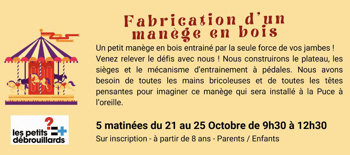 Venez participer en famille à la construction d'un manège musculaire ! Du 21 au 25 octobre, 9h30-13h30.
Ca se passe au centre social La Puce à l'Oreille de la Croix St Lambert à St Brieuc
Inscriptions auprès du centre social : 02 96 78 32 91