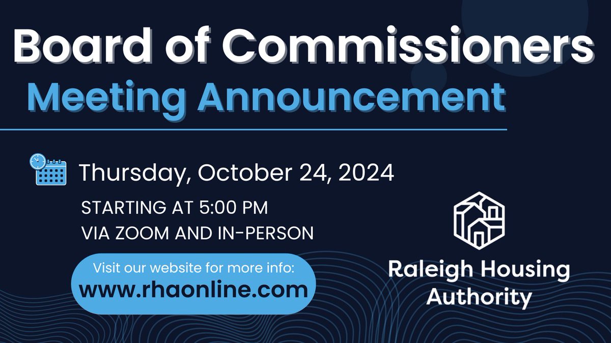 The next regular Raleigh Housing Authority Board of Commissioners meeting is Thursday, October 24. The public is welcome to join in-person or online. Visit our website to learn more: rhaonline.com/about-us/publi…