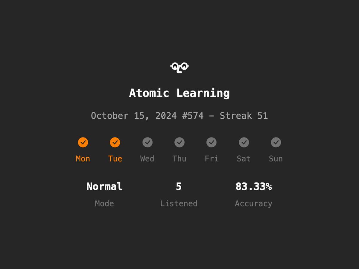 Atomic Learning #574 - Streak 51
Normal✨/5 Listened/83.33% Accuracy
en.atomiclearning.app
<a href="/atomiclearning_/">Atomic Learning</a> #AtomicLearning #langtwt
