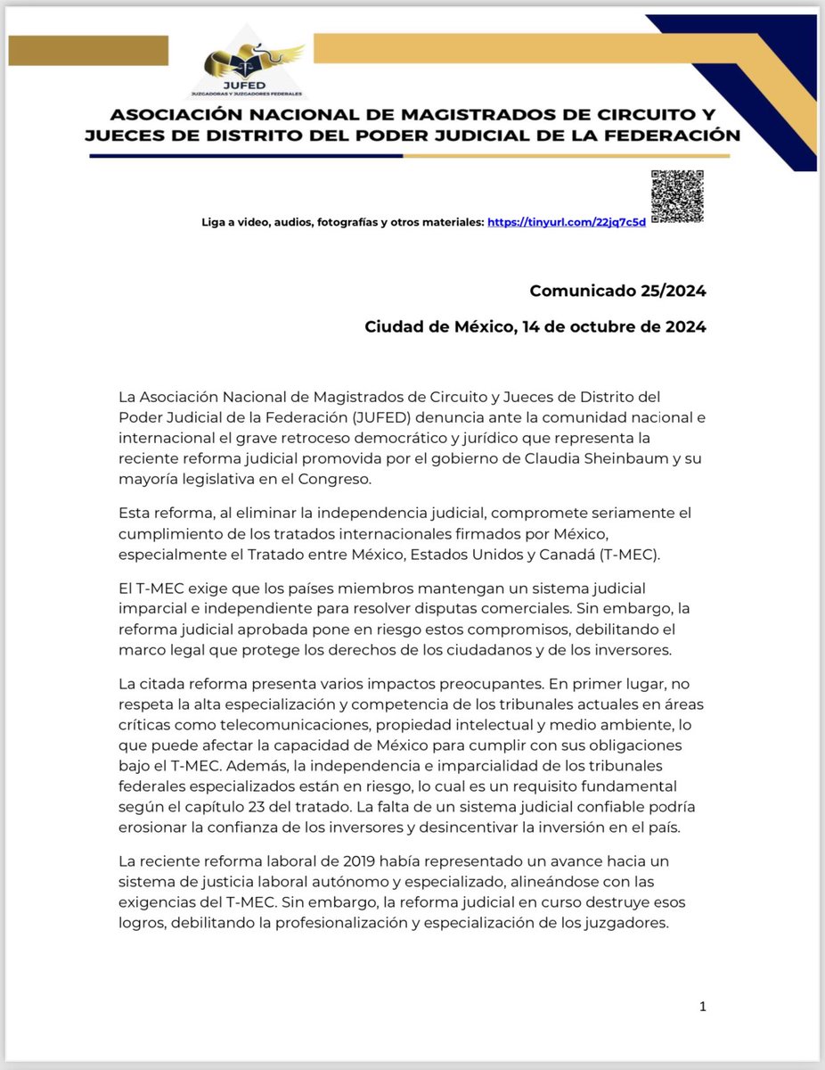 arturoangel20's tweet photo. ÚLTIMA HORA: La Asociación Nacional de Jueces y Magistrados acusa ante la comunidad nacional e internacional al gobierno de @Claudiashein y al Congreso de dar "Un Golpe de Estado franco y abierto" en México.

Advierten que la reforma judicial elimina la independencia de los jueces y debilita el marco legal que protege los derechos de los ciudadanos e inversores.

Se acusa, además, que la reforma no ha respetado la especialización de los jueces en áreas como telecomunicaciones, propiedad intelectual y medio ambiente, lo que pone a México en riesgo de cumplir sus obligaciones ante el T-MEC y otros compromisos internacionales.

"Se ha politizado la justicia y se ha desaparecido la carrera judicial", denuncia la @jufed_org y hace un llamado a la @SCJN a intervenir👇