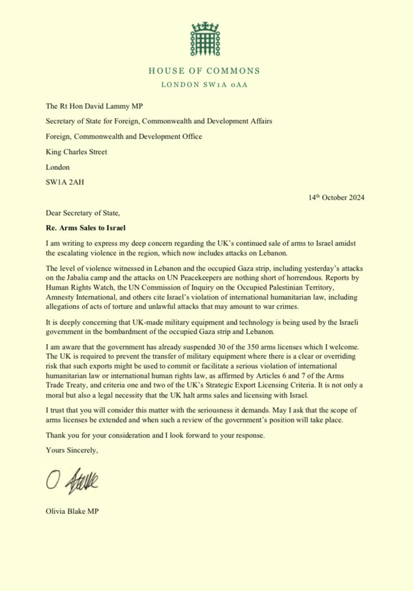 I have written today to the Secretary of State.

The UK must halt all arms sales to Israel.