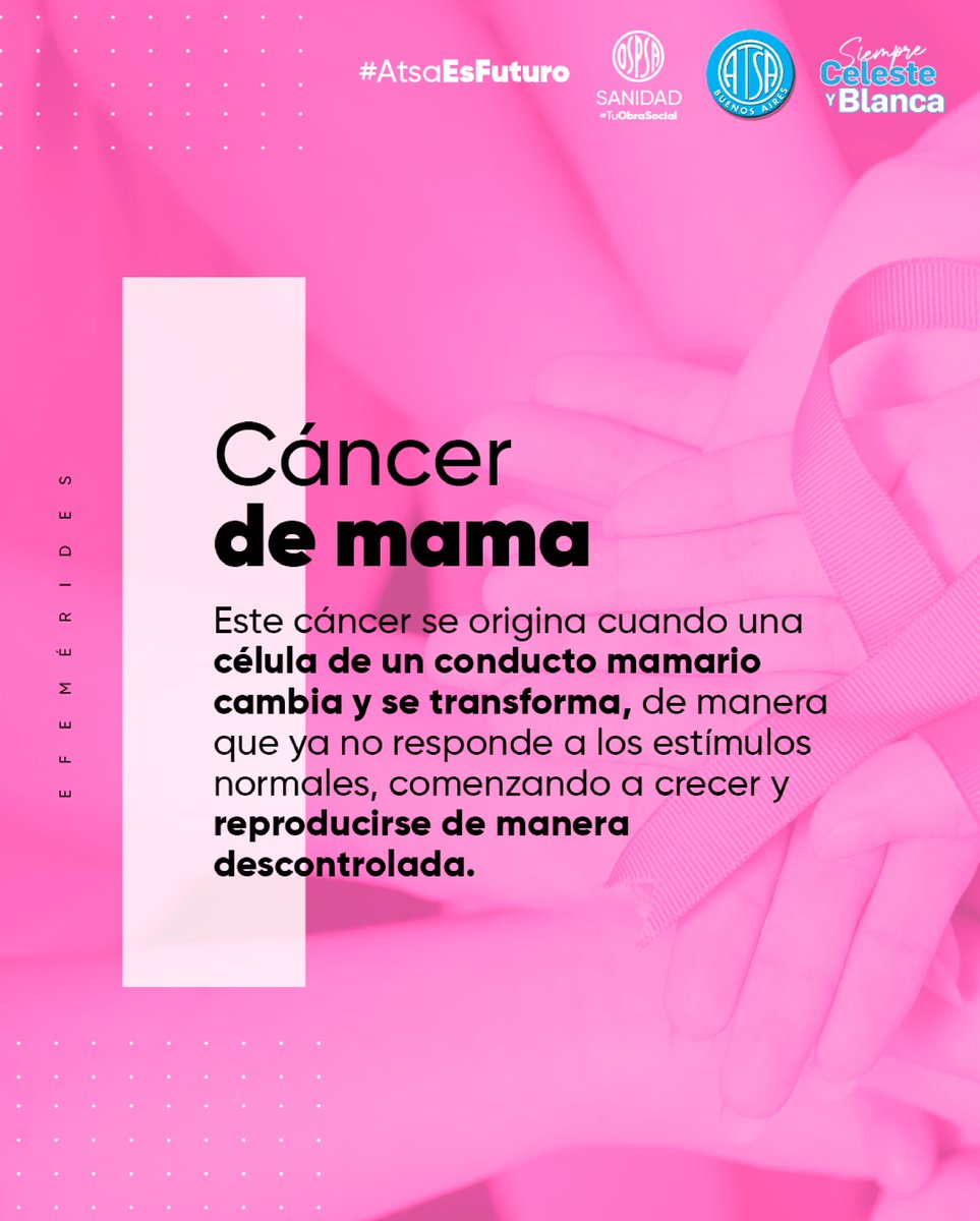 AtsaBsAs's tweet photo. El cáncer de mama 🎗️ puede surgir en mujeres ♀️ y hombres ♂️ de todas las edades. Si bien no hay forma de evadirlo, si puede ser detectado a tiempo, con un pronóstico altamente positivo 🙌. https://t.co/Cr1LQJTu6c