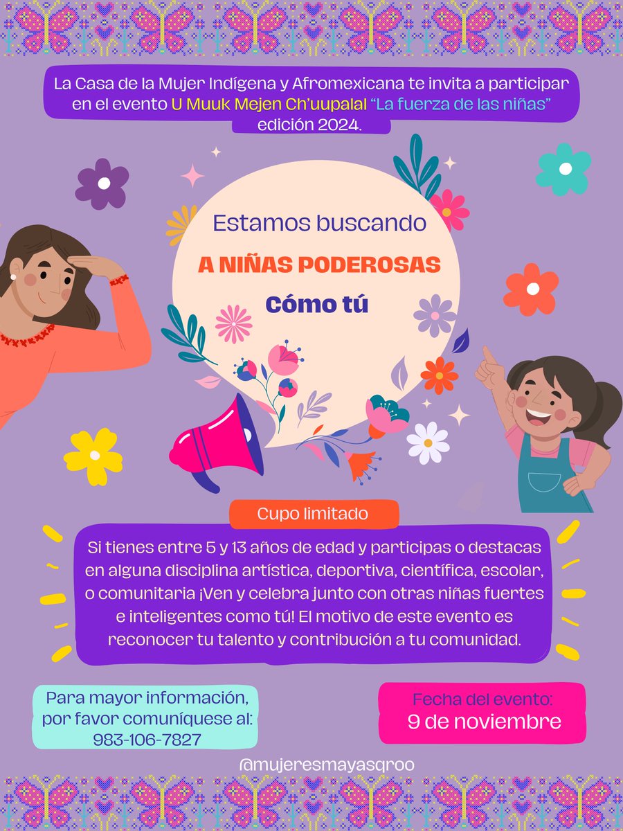 ¡𝐐𝐮𝐞𝐫𝐢𝐝𝐚 𝐧𝐢𝐧̃𝐚, 𝐭𝐞 𝐞𝐬𝐭𝐚𝐦𝐨𝐬 𝐛𝐮𝐬𝐜𝐚𝐧𝐝𝐨!

🙌🏽🌻Ya se acerca nuestro evento U Muuk Mejen Ch’uupalal “La fuerza de las niñas” edición 2024.🥳🎉

🗓️ Sábado 09 de noviembre 2024
📍Lugar por confirmar
📱Para información y registro: 983-106-7827
🔴 Cupo limitado