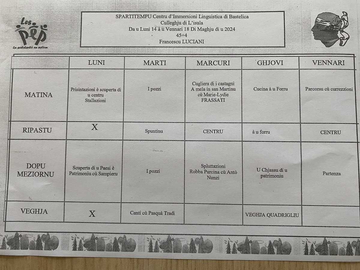 Voyage au centre d immersion de Bastelica pour nos deux classes de 5 eme bilingues <a href="/cgIleRousse/">COLLEGE PASCAL PAOLI ILE ROUSSE</a>.
Au programme visites culturelles, atelier cuisine, rando aux pozzi etc le tout bien sûr en langue corse <a href="/accorse/">Académie de Corse</a>