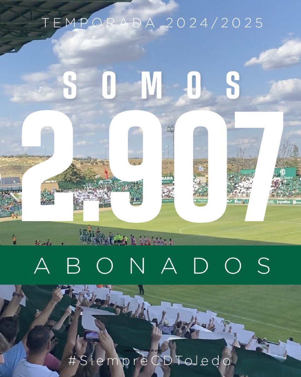 2907 abonados. Es el segundo equipo de Castilla - La Mancha con más masa social.

🤚🏻Toledo y el <a href="/CD_Toledo/">C.D. Toledo 🦅💚⚪️</a> necesitan ir de la mano.

🚀Este debe ser su año para que otro equipo capital de provincia salga del pozo de la #TerceraFederación.

16 de 18 puntos posibles. Si te gusta el
