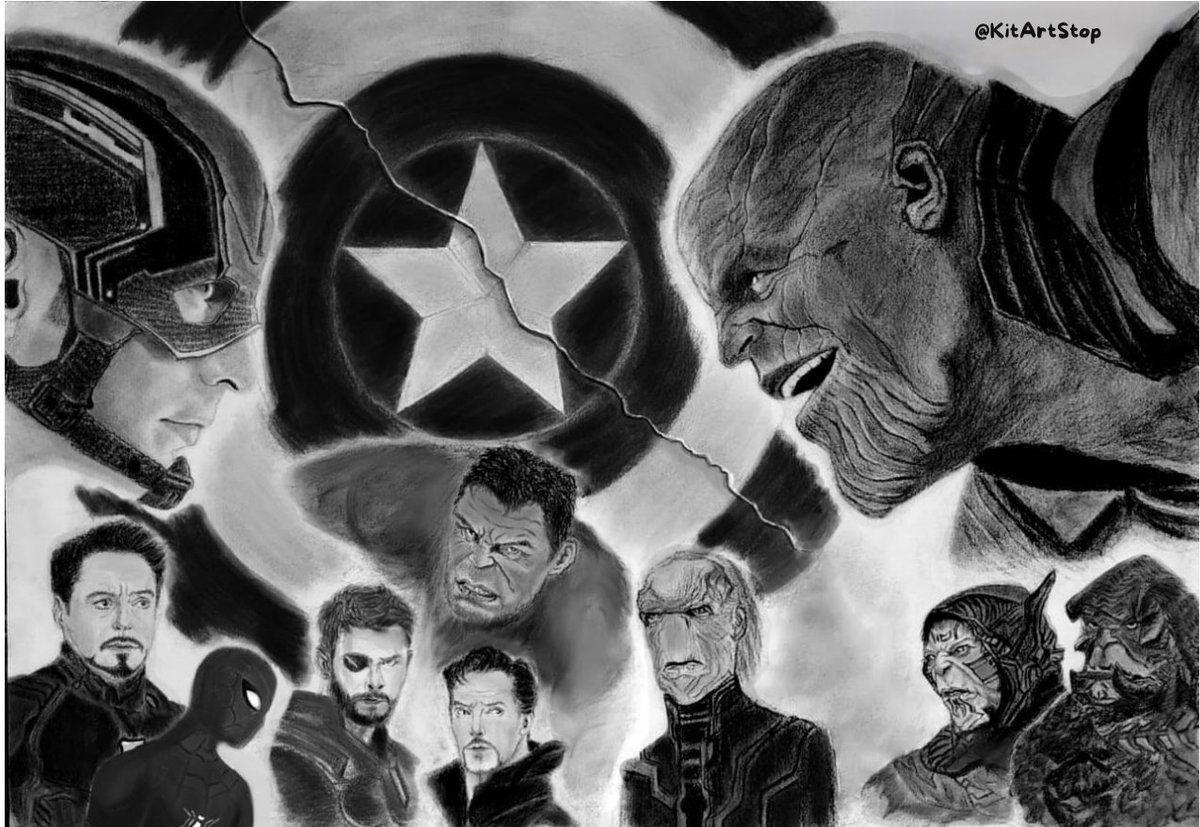 KitArtStop's tweet photo. Pencil power! 💪🖌️ Check out my Avengers drawing! Can you guess which scene inspired this? #MarvelArt #Drawing https://t.co/pIWyljskyU