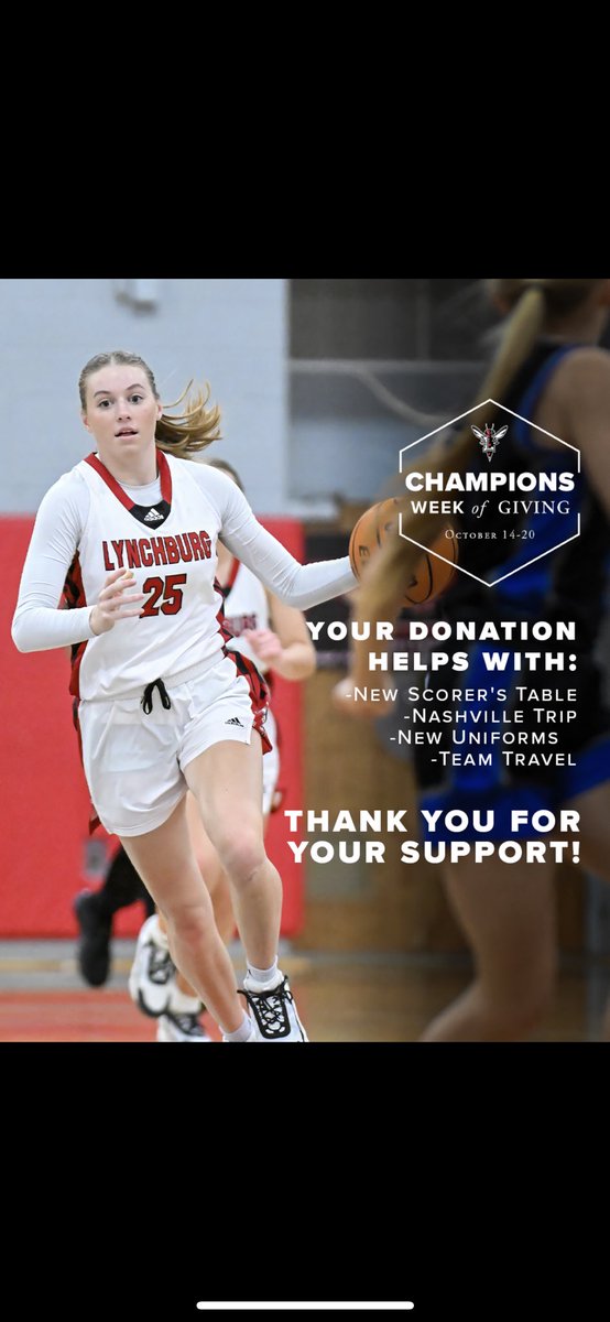 lynchburg_wbb's tweet photo. Champions Week of Giving is here! We hope that you will consider supporting our women’s basketball program for several initiatives that will directly impact our student-athletes on and off the court!
Thanks for the consideration of your support this week!
https://t.co/ItpMfkHQ14 https://t.co/QCxWKQGVYq