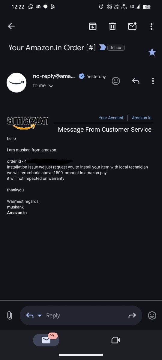 PawanArunrao's tweet image. "Spoke with @amazonIN customer care again admitted they failed to fulfill the installation order. They’re refunding the fee and asked me to use a local technician, offering to cover extra charges above ₹1500 via Amazon Pay. A small relief, but what an ordeal #AmazonExperience