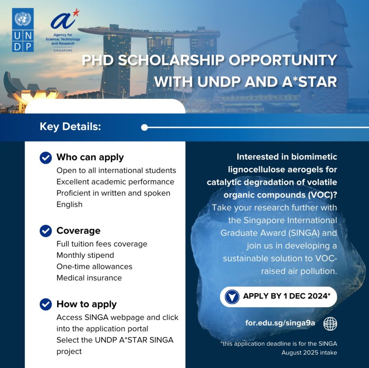 opportunitiesfy's tweet photo. 🌟 Ready to elevate your research career? Apply for the Singapore International Graduate Award (SINGA) and pursue a PhD or EngD in fields like Biomedical Sciences, Engineering, and Computing at Singapore’s top universities! 🇸🇬
👉 https://t.co/RTQIcw1eUG
#SINGA #PhD #EngD https://t.co/G3u1bSigvX