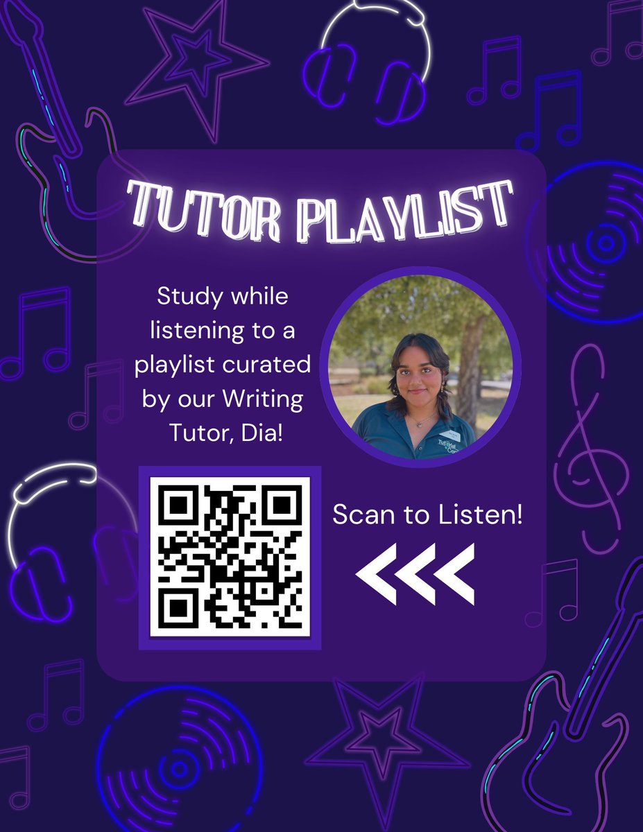 Clovis_TC's tweet image. Tutor Playlist! Scan the QR Code to check out Dia&apos;s &quot;DND! study sesh&quot; playlist.
#cloviscommunity #tutorialcenter #tutor #STEM @cloviscrush #playlists #music