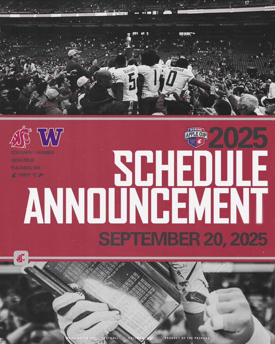 WSUCougarFB's tweet photo. The 117th Apple Cup will take place Sept. 20th, 2025 at GESA Field🍎🏆

📰 https://t.co/gs7OQ44ygT https://t.co/eysIIochNy