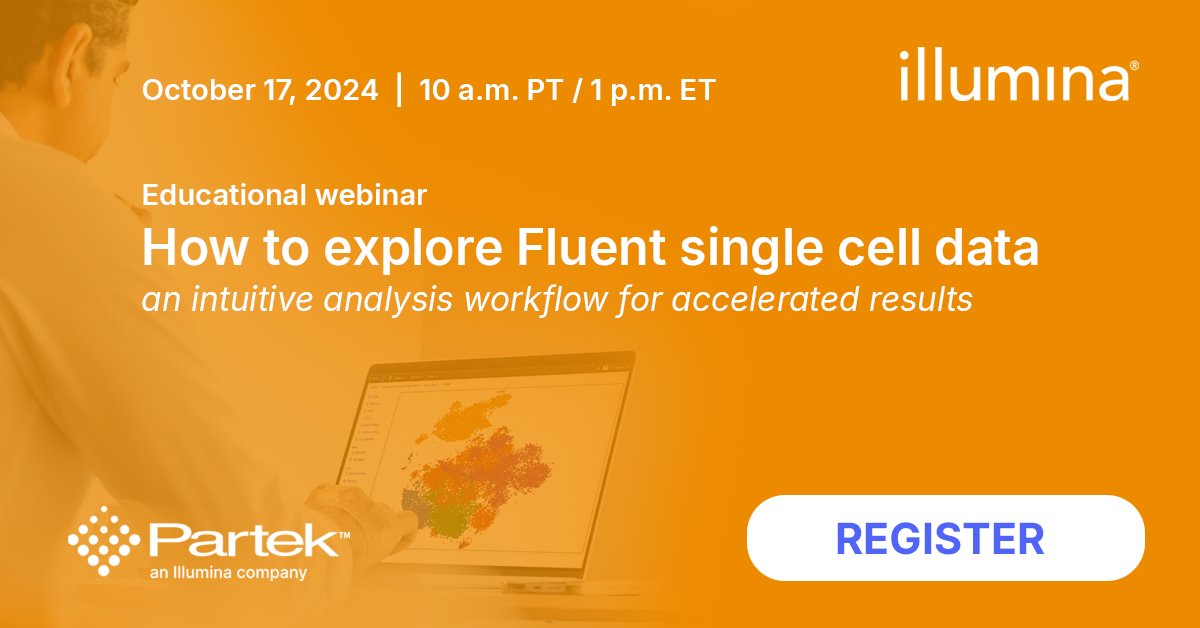 sujash_c's tweet image. Explore the #Illumina PIPseq #singlecell assay and gain an overview of how to explore it with Illumina #bioinformatics tools including DRAGEN, Partek Flow, and Correlation Engine. Register at: partek.com/webinar/fluent…