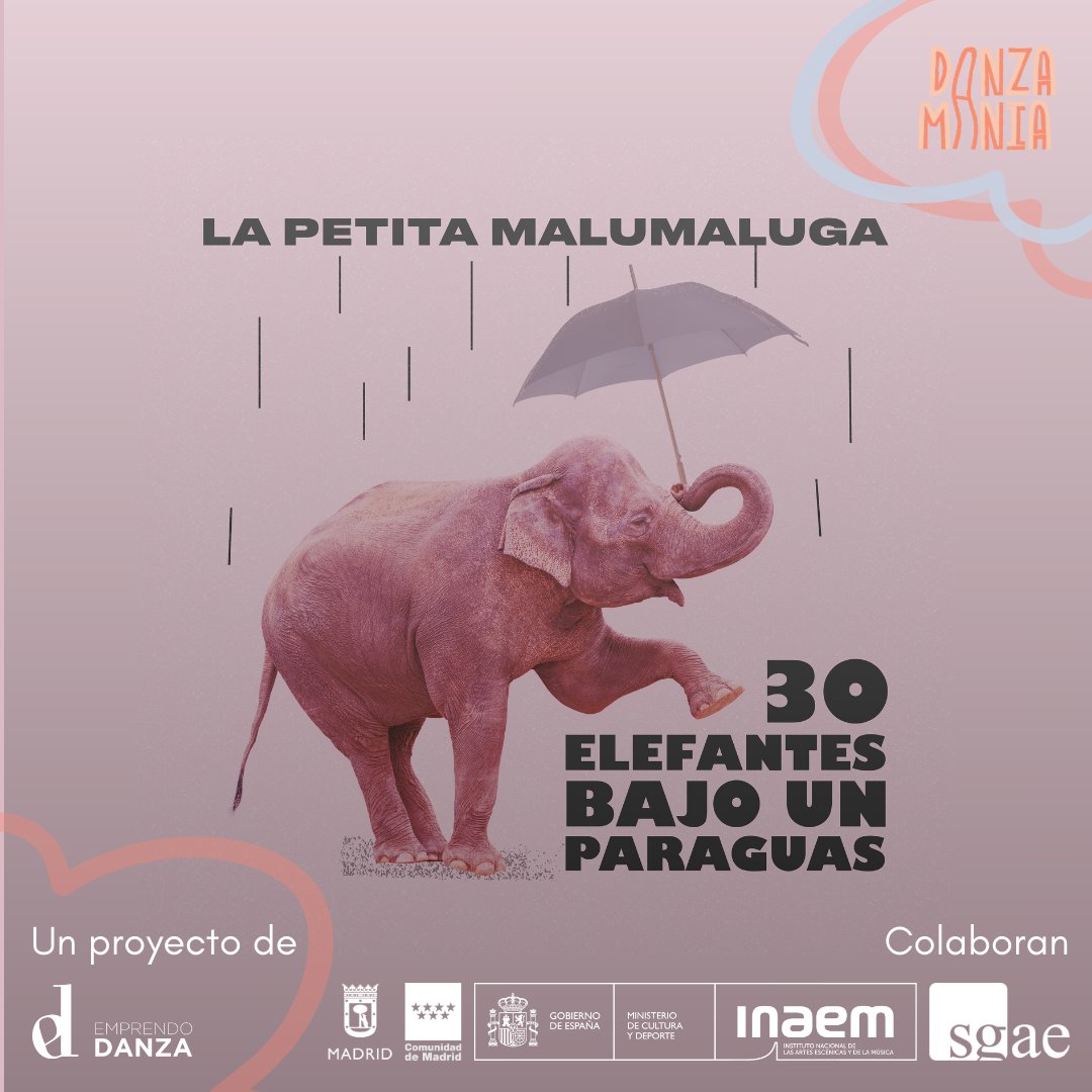¡Descubre "30 Elefantes Bajo un Paraguas" de La petita malumaluga! ☔️ Un espectáculo para niños de 1 a 5 años 🐘.

📅 Próxima función: 24 de octubre a las 11:00h en el C.C. Sanchinarro. 

#DANZAMANÍA