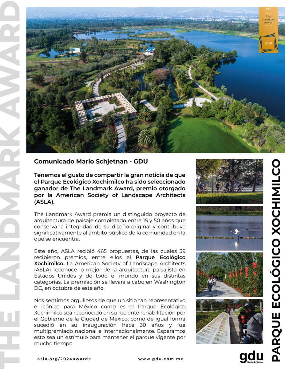 SEDEMA_CDMX's tweet photo. ¡Enhorabuena!🤩
Tenemos el gusto de compartir esta gran noticia: 
A inicios del mes pasado, el Parque Ecológico de Xochimilco fue acreedor del premio The Landmark Award, otorgado por la American Society of Landscape Architects @NationalASLA 🏆 https://t.co/7xK34eyhf8