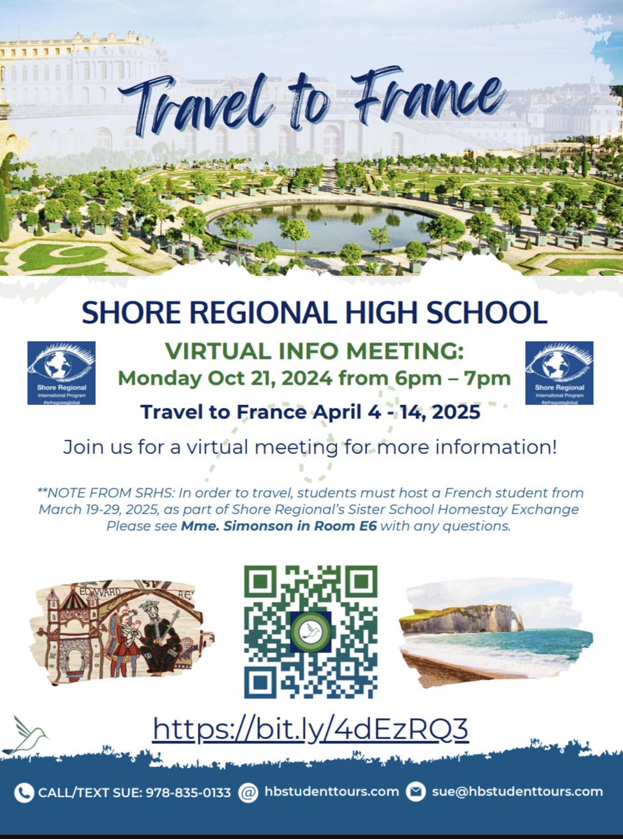 Shore Sister School Program: FRENCH EXCHANGE HOST &amp; TRAVEL OPPORTUNITY
Students <a href="/ShoreRegional/">Shore Regional</a> &amp; parents/guardians r invited 2 virtual info session Mon Oct. 21st 6-7pm. Attendees will learn about our sister school exchange spring of 2025.  bit.ly/4dEzRQ3 #srhsgoesglobal