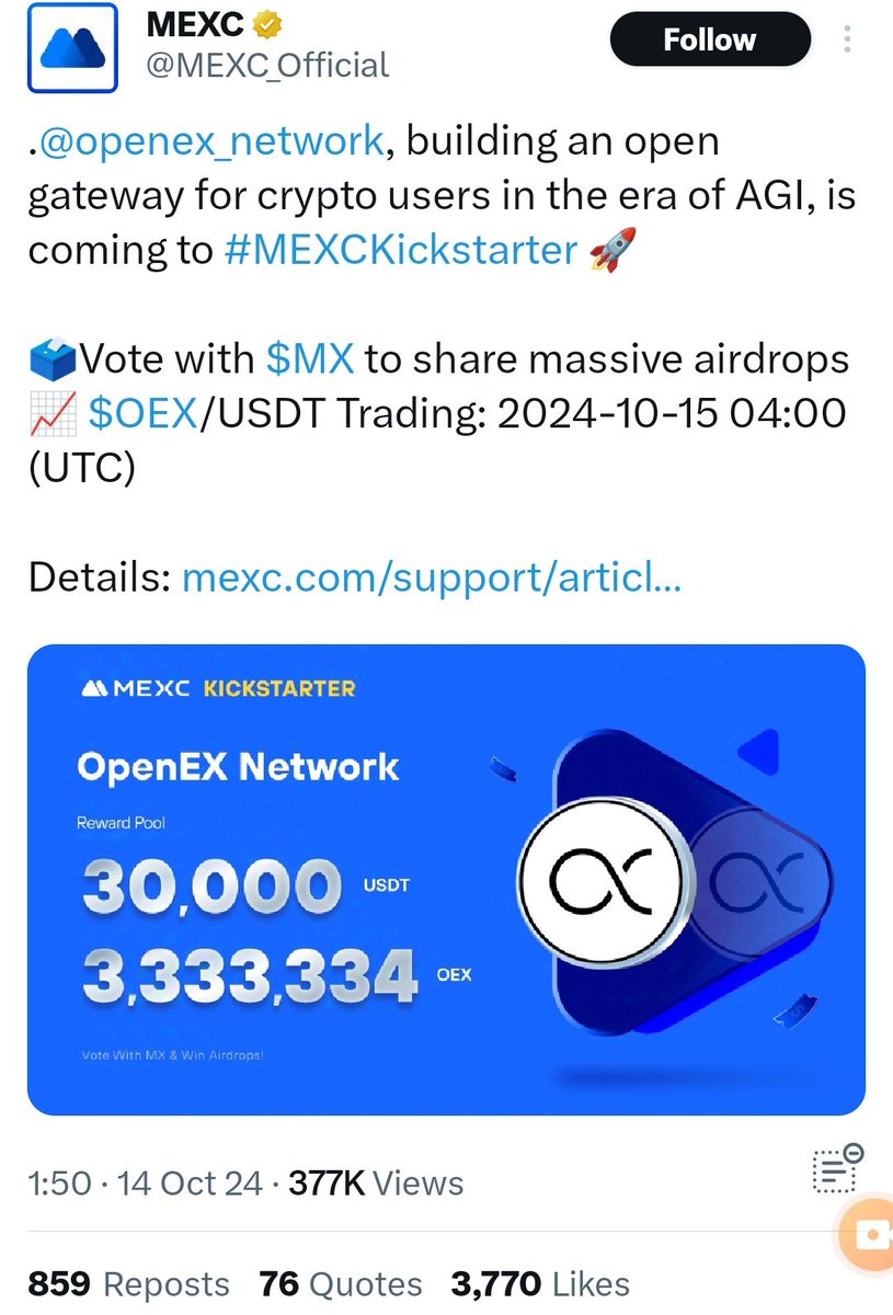 CryptolaunchNWS's tweet image. 🚨 OEX Token Claiming on OEX App will start Tomorrow 15th October at 12:00 AM UTC 
Ghana Time is 12:00 AM 
Nigeria Time is 1:00 AM.

💱 OEX will be listed on MEXC Global Exchange at 4:00 AM UTC 
4:00 AM in Ghana, &amp;amp; 5:00 AM in Nigeria.

#OEXtokenclaim #Openex #MEXC #Coredao