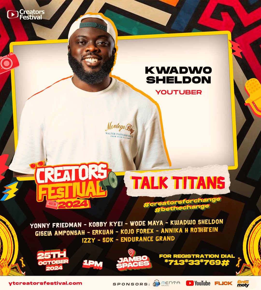 YT_Festival_'s tweet photo. One of Ghana’s most influential content creator and new media pace setter @kwadwosheldon joins the Titans on 25th October 1pm @jambospaces will you miss ? Powered by @mentamusic @Amoaning_samuel @youtube @tendohq @mybitstore @AkwaabaApp @blacvolta #creatorsforchange #ytcreatorsfestival