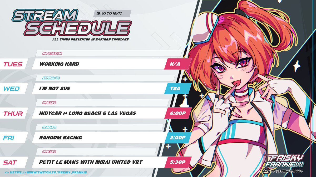 Happy Thanksgiving, fellow Canadians! Here's my schedule for the week!

Wednesday I'll be taking part in an Among Us collab, with the rest of the week dedicated to iRacing. It culminates in my participation in the Petit Le Mans iRacing special event with <a href="/MiraiUnitedVRT/">Mirai United VRT | VTuber Racing Team 💫🏁</a>!