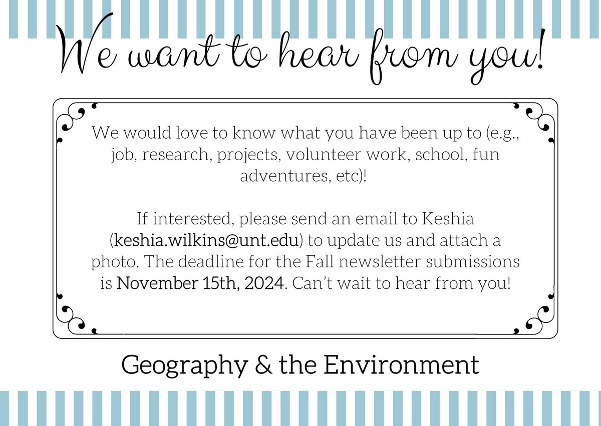 untgeography's tweet photo. 🌟 Attention Alumni! 🌟
Interested in being highlighted for this Fall newsletter?

Share with us your adventures, careers, projects, academic pursuits, and all the fun experiences that have shaped your journey since your time as students.

 Check the flyer attached for more info! https://t.co/jZ7E0c9GpD