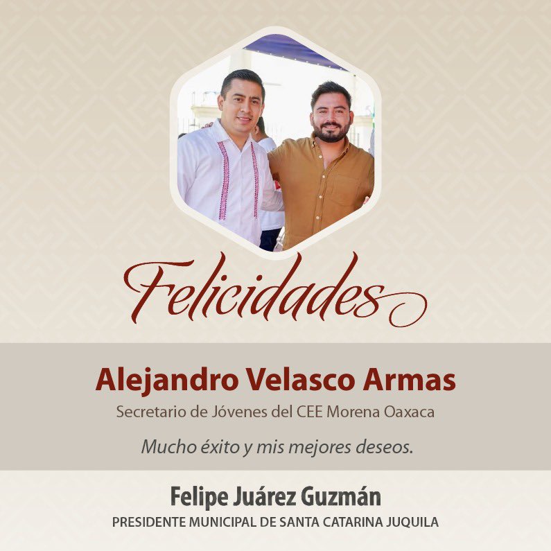 FelipeJuarezG's tweet photo. 🙌🏻 Felicito en este día especial con motivo de su cumpleaños a mi amigo @alevelarmas , Secretario de Jóvenes del @MorenaOaxaca1, deseándole mucha salud y éxito.

¡Feliz cumpleaños, un abrazo fuerte desde Santa Catarina #Juquila! 🎉 https://t.co/K9DtCNzuMM