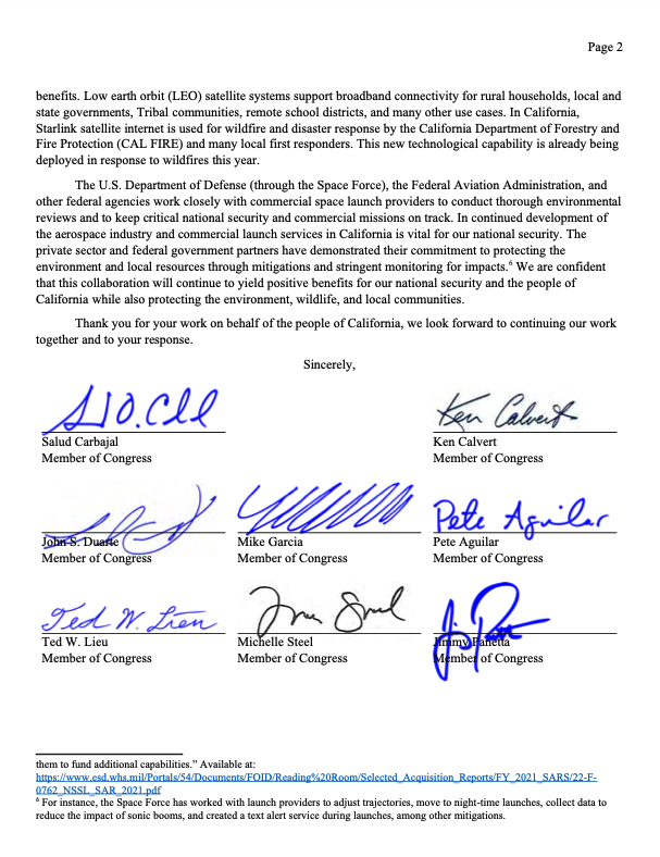 RepKiley's tweet photo. In August we wrote a bipartisan letter supporting more @SpaceX launches at Vandenberg, citing benefits to national security, broadband connectivity, and wildfire response.

Yet the Coastal Commission just rejected the plan, citing unrelated political posts by Elon Musk. This illegal action needs to be reversed immediately.