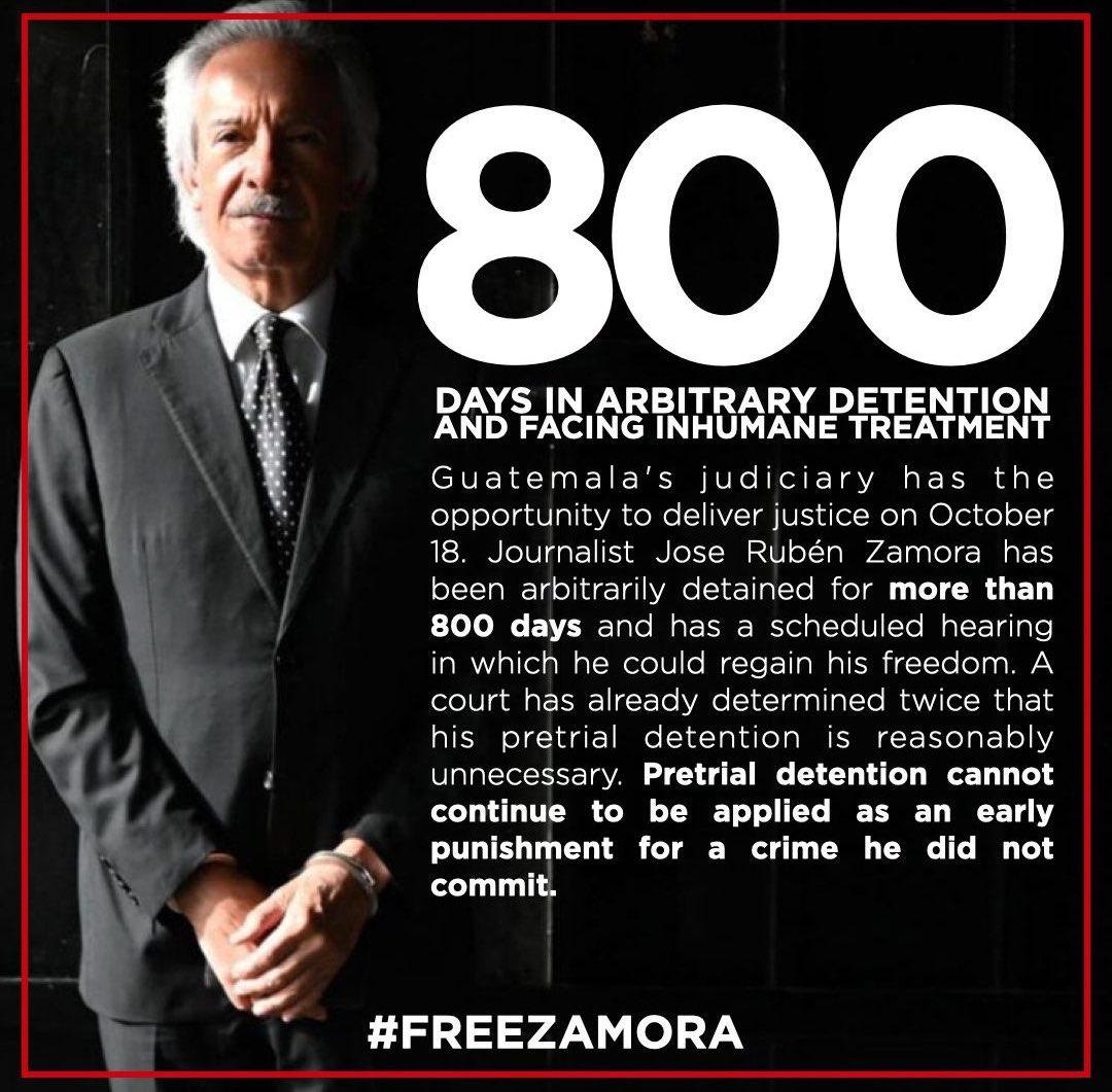>><a href="/OJGuatemala/">Organismo Judicial</a> can deliver justice this Friday, October 18. My father, journalist #JoseRubénZamora, after 800 days of arbitrary detention, should be set free. Pretrial detention cannot continue to be applied as an early punishment for a crime he did not commit. #ZamoraLibre