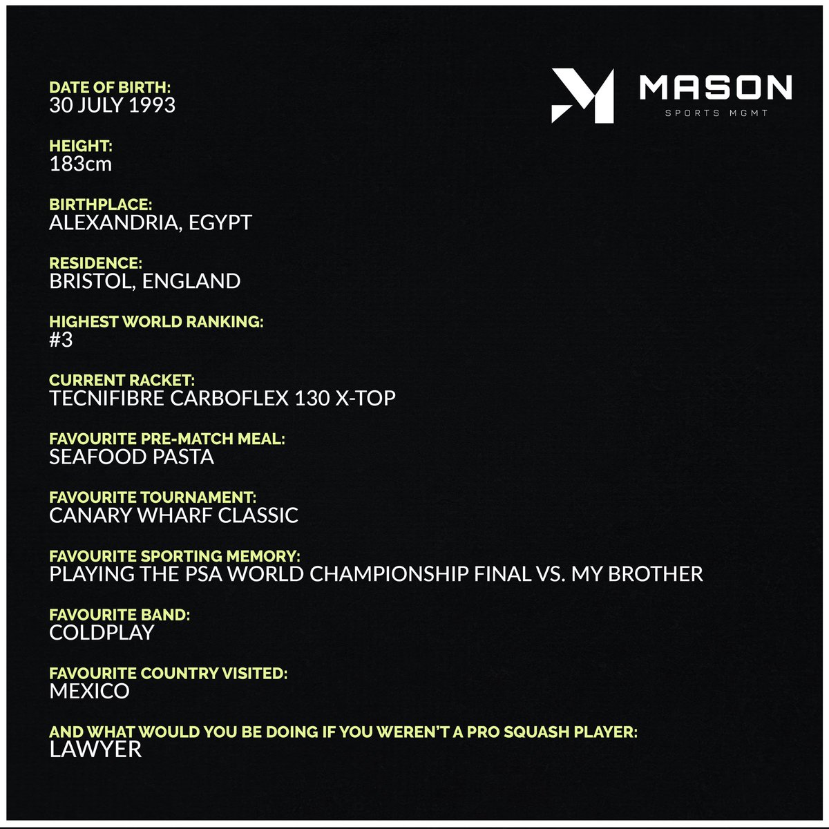 ⚡️ Marwan Elshorbagy ⚡️

Want to know more about Marwan? Swipe left to find out ➡️👀
 
Follow <a href="/maelshorbagy/">Marwan ElShorbagy</a> for a glimpse into his life on and off court 😎
 
Marwan plays in the Semi Final of the Silicon Valley Open tomorrow night 👊
 
#masonsportsmgmt #sports #squash #athlete