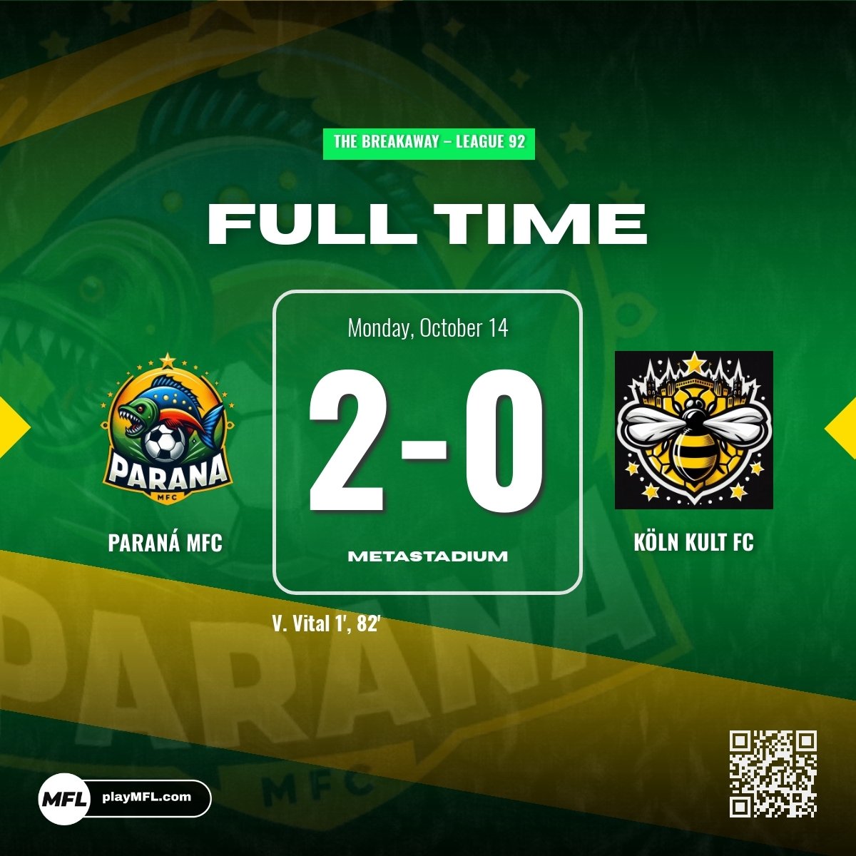 ParanaMFC's tweet photo. LEAGUE GAME 5 - Vicente Vital with both goals in a 2-0 win against Köln Kult FC who beat us in The Breakaway Cup earlier in the season! 🇧🇷 #ParaNaTion https://t.co/UCtss0UrvF