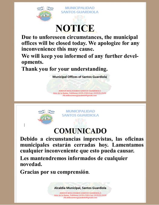 MuniGuardiola's tweet image. IMPORTANT NOTICE: MUNICIPAL OFFICES CLOSED TODAY