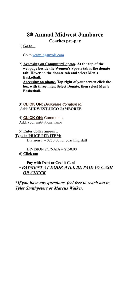 MidWestJamboree's tweet image. 🚨 4-Year Coaches 🚨
If you would like to pre-pay for the MidWest JUCO Jamboree coaches packet before Sunday and not have to wait in line, here are the instructions for that.